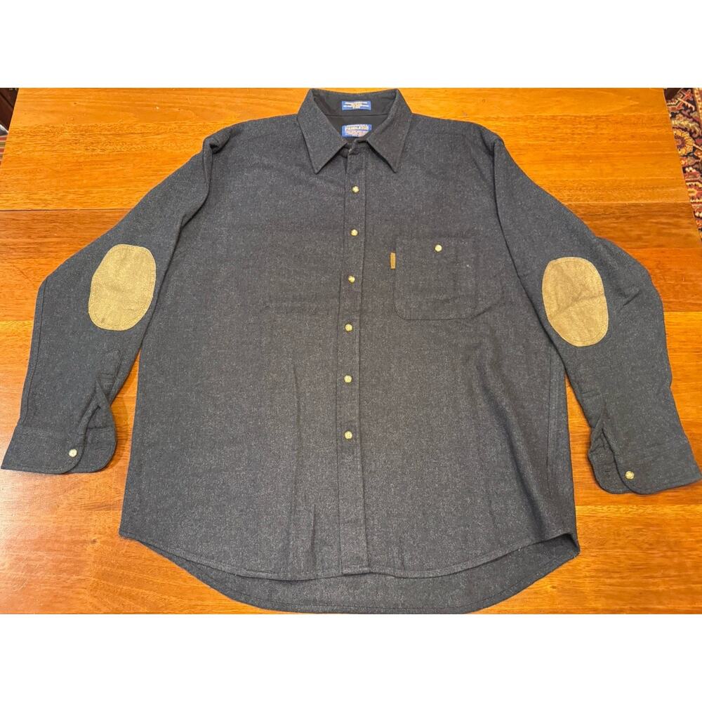 XL Pendleton Wool Trail Shirt Solid Blue Elbow Patches Button Up Woolen Mills